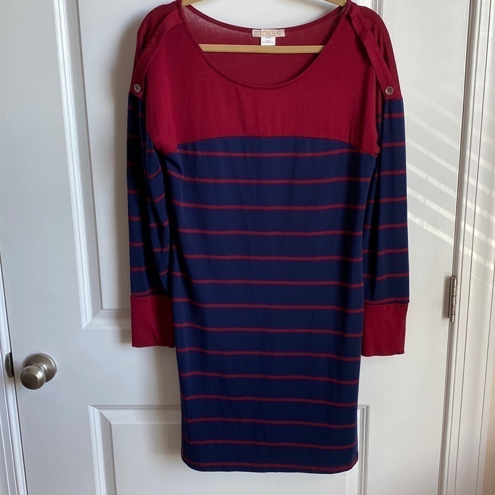 four Stars Navy and Red Long Sleeve Striped Dress Button Shoulder Size Large